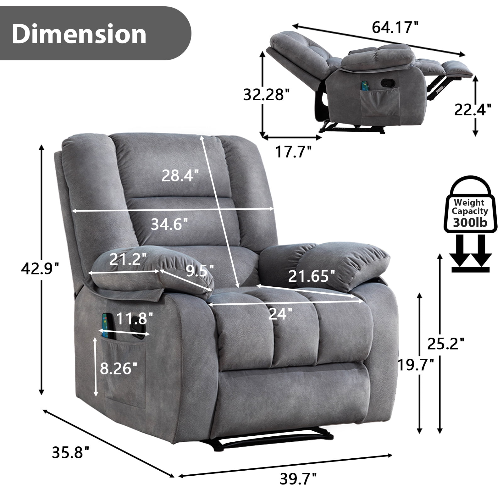 Bonzy Home Manual Recliner Chair with Massage and Heat Overstuffed Fabric Metal frame Manual Reclining Chair Sofa for Living Room