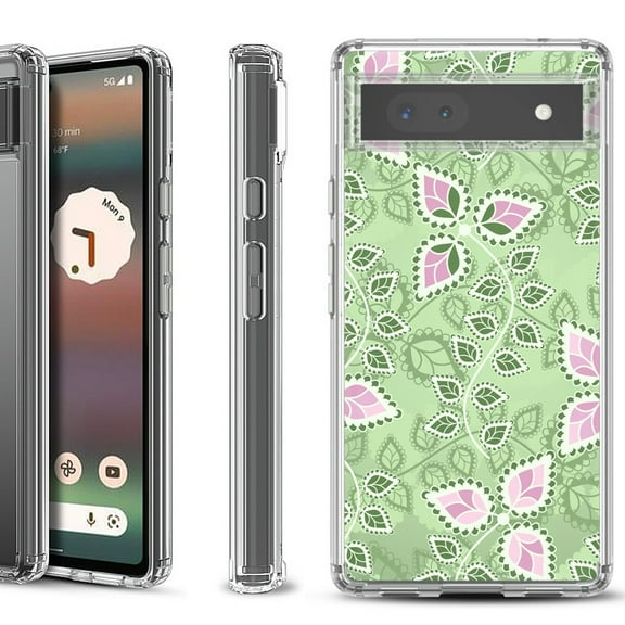 Shockproof Bumper Phone Case for Google Pixel 6a, by OneToughShield ® - Leaf Pink Green