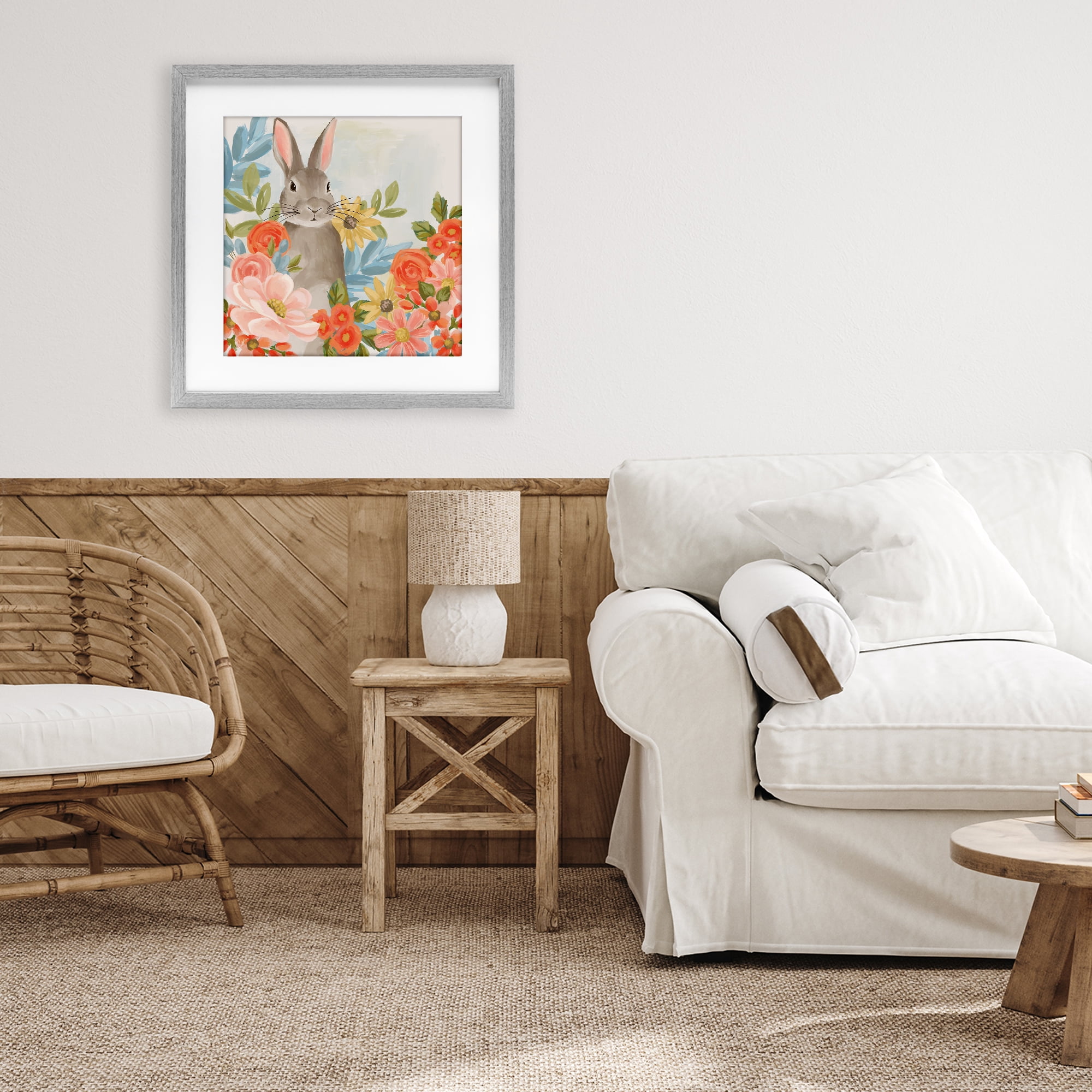 Stupell Industries Bunny Among The Blooms Gray Framed Print Under Glass, design by Cat Thurman Designs