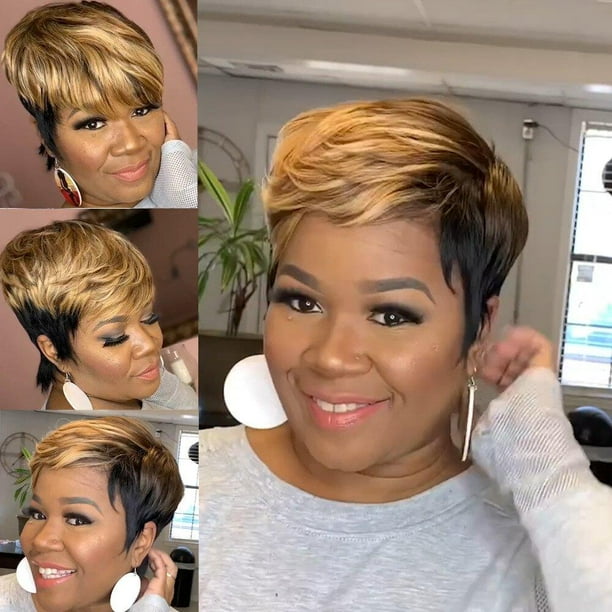 YOSICL Highlight Synthetic Wigs Short Straight Pixie Cut Hair Bob Wig Honey Gold Mix Black Hair for Woman Non Lace Wig YOSICL Highlight Synthetic Wigs Short Straight Pixie Cut Hair Bob Wig Honey Gold Mix Black Hair for Woman Non Lace Wig