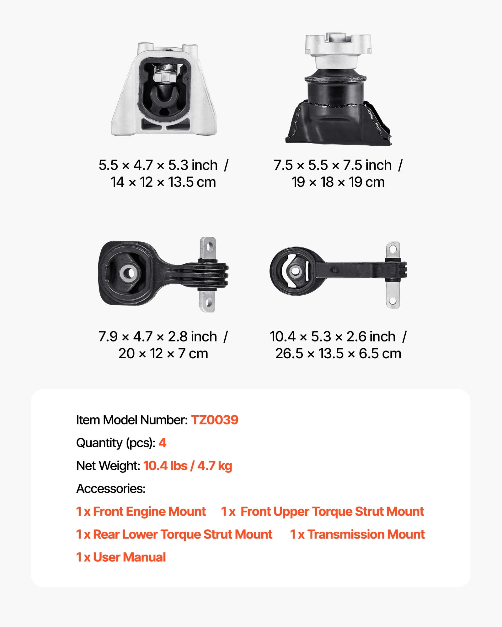 VEVOR Engine Motor Mount and Transmission Mount Kit Replacement, Set of 4, Compatible with 2006–2010 Honda Civic 1.8L L4 Automatic, Replace OE# A4530, A4546, A4543, A4534, Secure Support