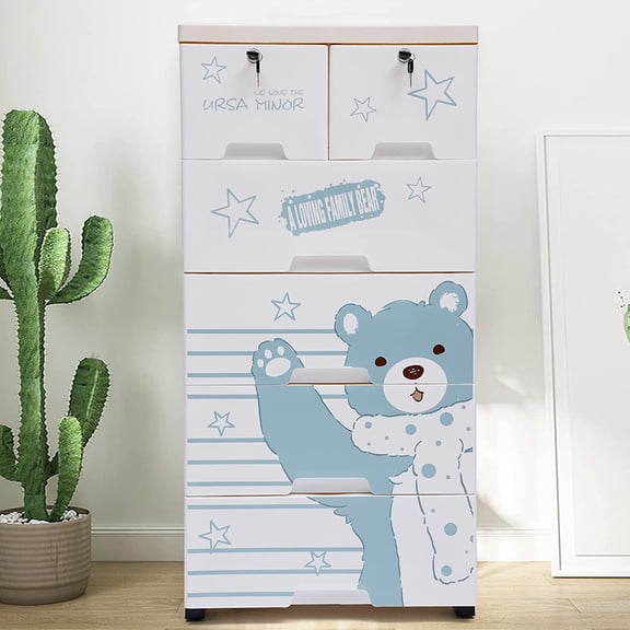 Dresser Drawer Organizers,Tall Lockable Storage Cabinet,Plastic Dresser with 6 Drawers and Wheel for Clothing/Bedroom/Playing Room 19.69 * 13.78 * 40.16”(Polar Bear) (Blue)