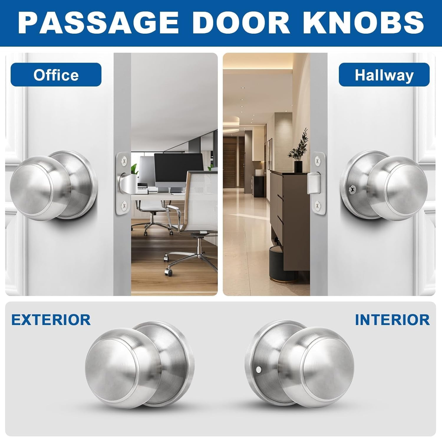 Brushed Nickel Door Knob, 6 Pack Round Keyless Doorknobs Interior/Exterior Lockset, Passage Locking Door Knobs for Bedroom/Bathroom, Modern Design Door Hardware