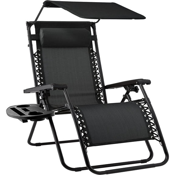 YEXJ Folding Zero Gravity Outdoor Recliner Patio Lounge Chair w/Adjustable Canopy Shade, Headrest, Side Accessory Tray, Textilene Mesh-Black