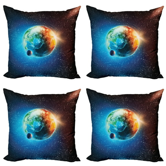 Ambesonne Space Throw Pillow Cover 4 Pack, Planet Earth Sun Rays, 18", Red Blue