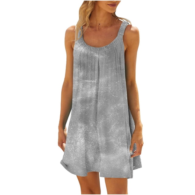 Robe Décontractée Sans Manches pour Femmes, Longueur Genou, Coupe Ample, Imprimée, Robe de Soleil, Col Rond, Fluide, pour Printemps et Été