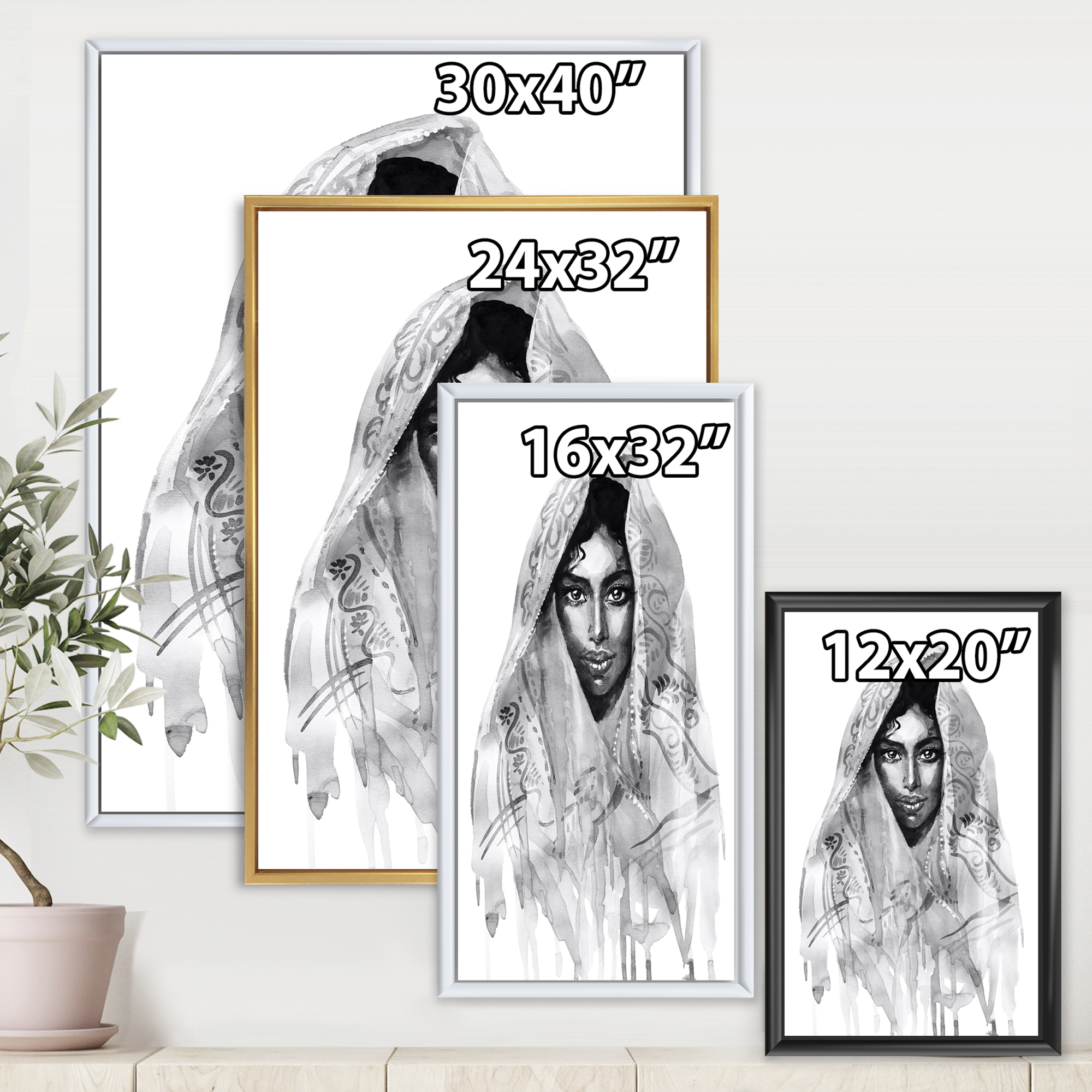 Designart 'Black and White Portrait of Young Indian Woman I' Modern Framed Canvas Wall Art Print