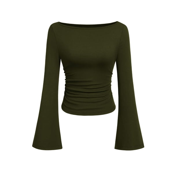 Remera PRETTYGARDEN Otoño 2025 Crop Top de Manga Campana Verde Militar Talle S