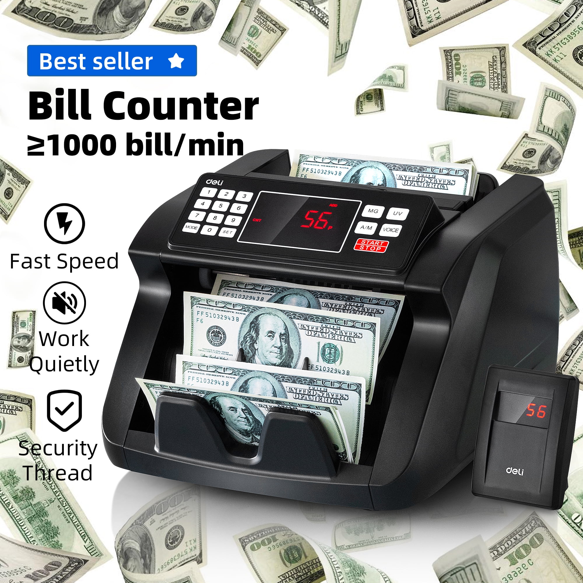 Portable Bill Counter 1,300 Bills/Min Large LCD Display ADD and Batch Modes Vlifree Bill Counter with Count Value of Bills Counterfeit Detection UV/IR/MG Money Counter Machine 