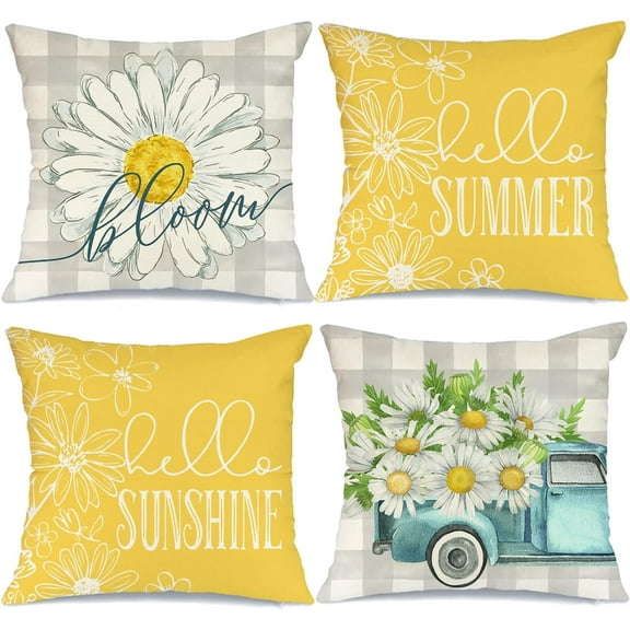 Pillow Covers 16x16 Set of 4 Buffalo Plaid Daisy Truck Bloom Hello Sunshine Summer Pillows Decorative Throw Pillows Light Yellow Pillowcase Spring Decorations Farmhouse Decor for Couch G285-16