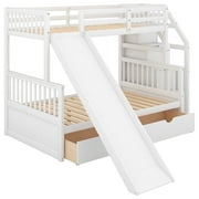 Euroco Wood Twin over Full Bunk Bed with 2 Drawers and Slide, Storage Staircase for Bedroom, White