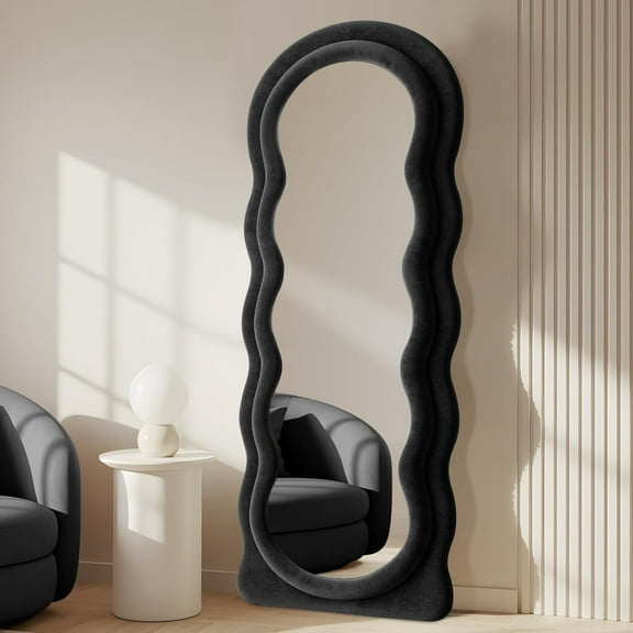 Full Length Mirror 63"x24" Arched Wavy Full Body Wall Mounted Floor Mirror with Stand Black Flannel Frame Leaning Hanging Wall Mirror for Bedroom Entrance