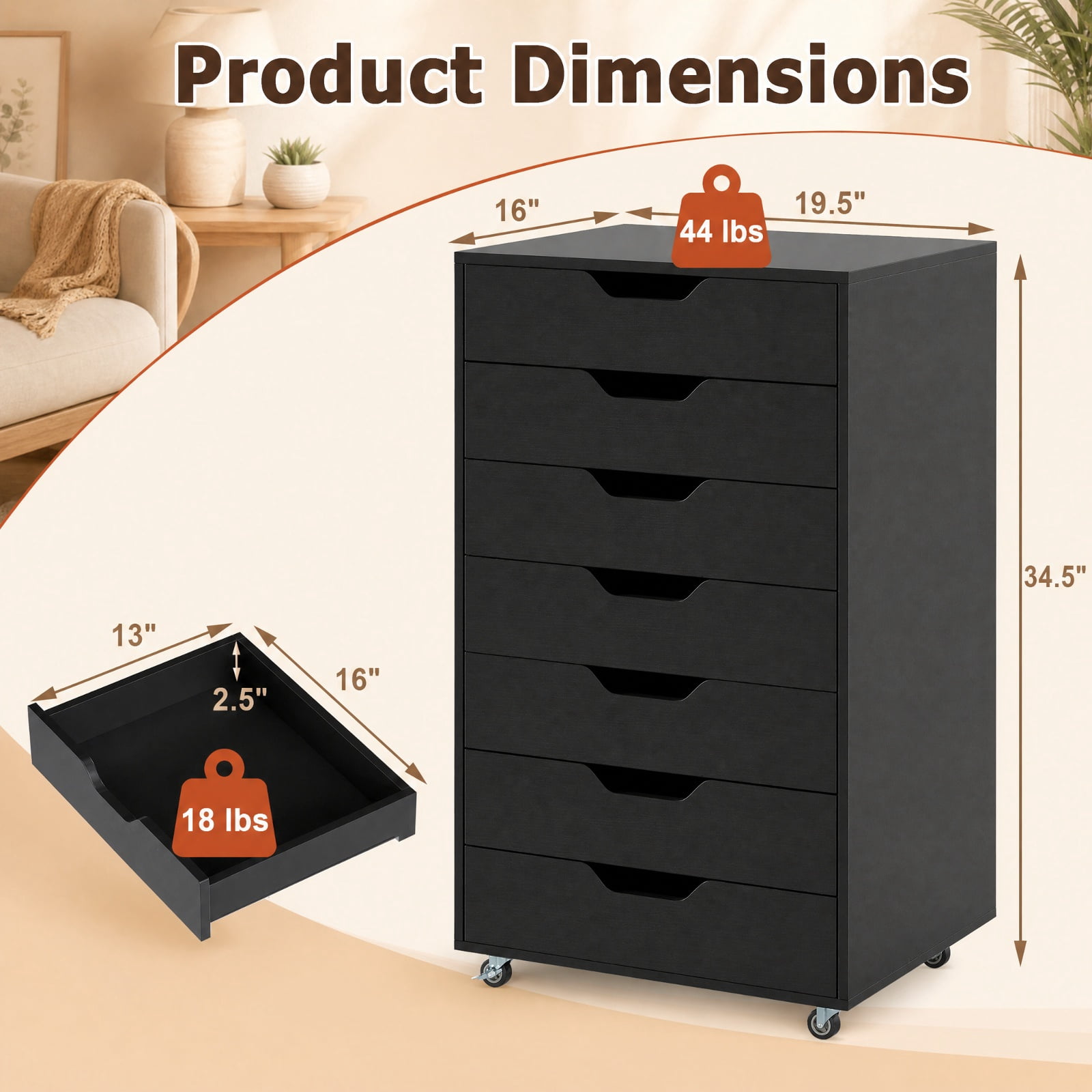 Furnibear 7-Drawer Chest Wooden Storage Dresser with Lockable Wheels for Home Office Filing Document Letter Legal Storage, Black