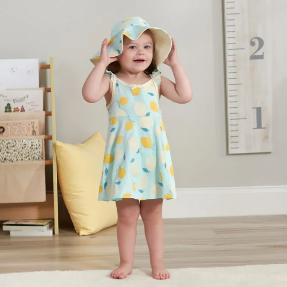 Gerber Toddler Girls' Little Lemon Dress, Diaper Cover & Reversible Sun Hat Set