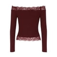 thumbnail image 5 of OJSFQUFP Women Off Shoulder Double Lined Long Sleeve Lace Shirts Basic Going Out Tops for Vacation Party Wedding Dating, 5 of 7