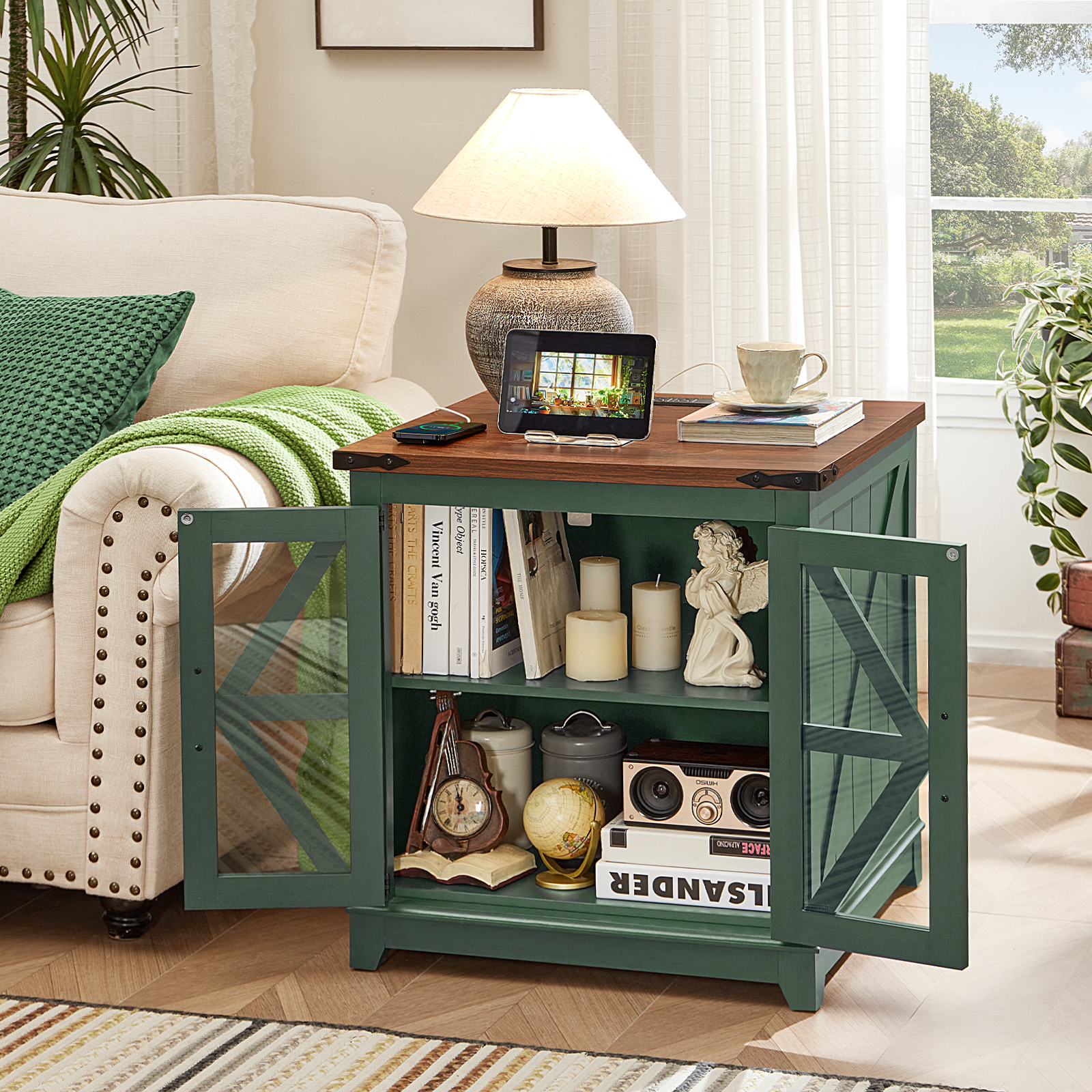 Joaxswe Farmhouse End Table with Power Outlets, Glass Door, Adjustable Storage Shelf, 24" Sidetable for Living Room, Bedroom, Office - Green