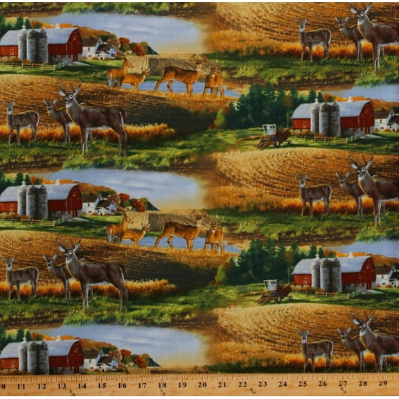 Cotton Whitetail Deer Scenic Farm Barns Fields Nature Country Farming Whitetails Cotton Fabric Print by the Yard (8901MULTI)