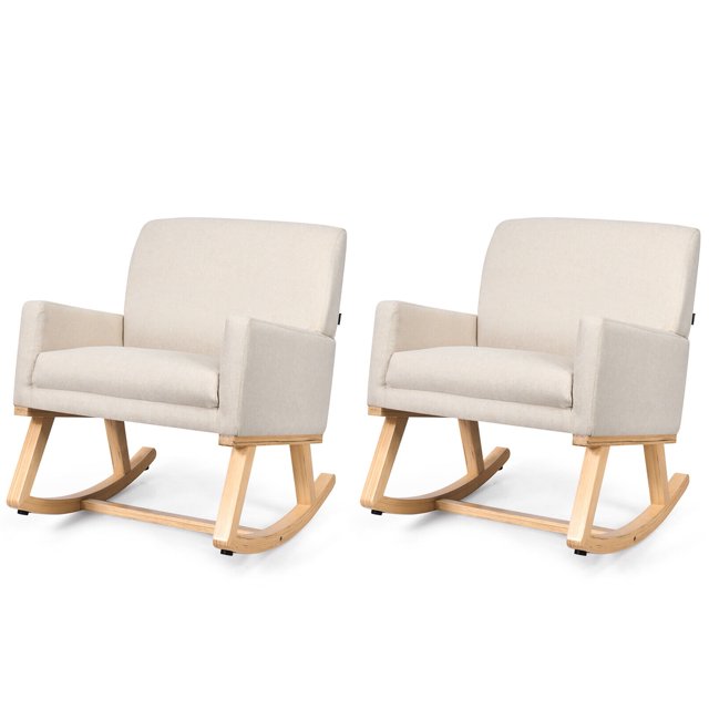 Gymax Ensemble de 2 Fauteuils Lounge en Tissu Style Mi-Siècle Fauteuil d'Appoint Rembourré Fauteuil Berçant Beige