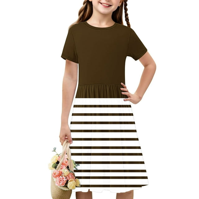 Liquidation Aujourd'hui Iumwxz Robe Décontractée Trapèze Robe Tunique pour Adolescentes Robe Col Ras du Cou Imprimé à Rayures Manches Courtes Robes pour Enfants Robe Ravissante pour Costume 4-14a