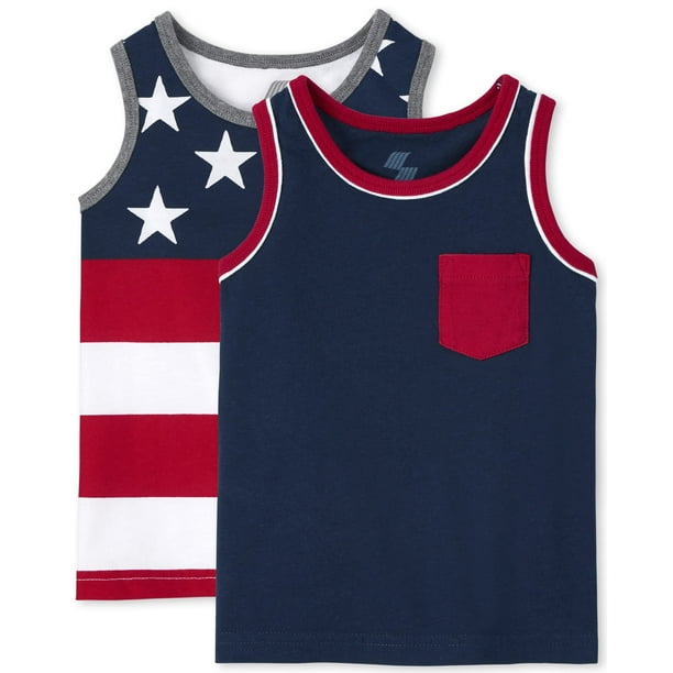 The Children's Place Baby and Toddler Boys Sleeveless Fashion Tank Top,  Navy/Flag-2 Pack, 3T 
