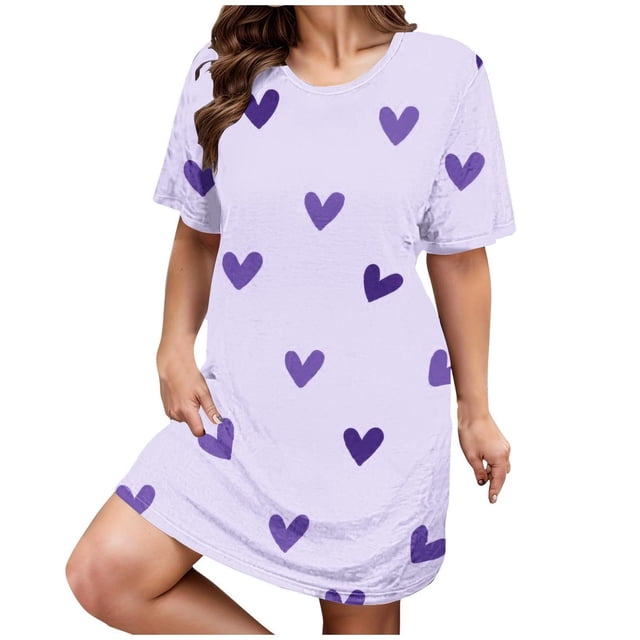 Kelon Chemises de Nuit et Robes de Nuit pour Femmes Grande Taille Robe de Nuit Décontractée pour Femmes Grande Taille Imprimé Cœur Manches Courtes Col Rond Extensible Moyen Ample Robe de Nuit Saint-Valentin