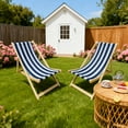 thumbnail image 3 of 2PCS Dark Blue Stripe Populus Wood Sling Folding Chaise Lounge Chair, 3 of 11