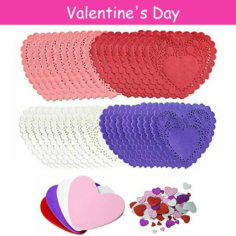 SHCKE Valentines Day Craft Supplies Includes 200 Pieces Heart Doilies 48  Pieces Foam Hearts and 4 Bags of Glitter Foam Heart Stickers for  Valentine's Day Wedding Decoration 
