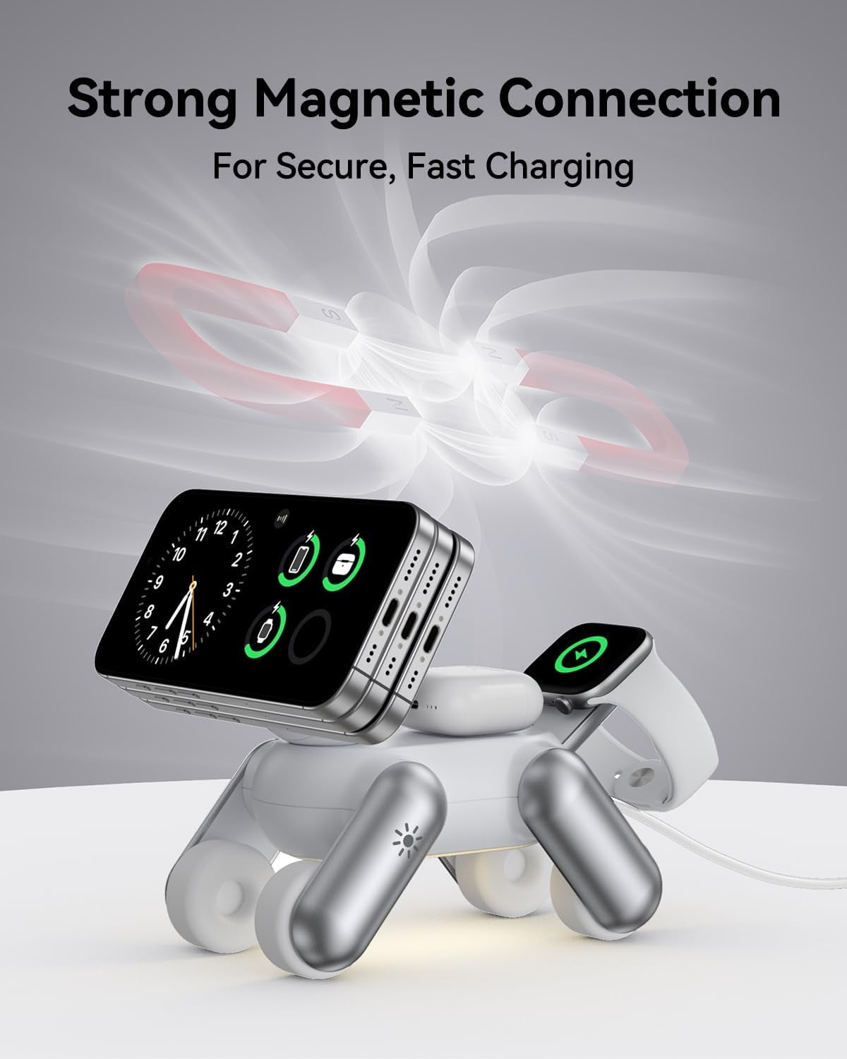 3-in-1 Foldable Wireless Charging Station Compatible with Magsafe,15W Fast Magnetic Charger Stand for iPhone 12-17 Apple Watch AirPods, Travel-Friendly with Night Light (Robo-Dog Design)