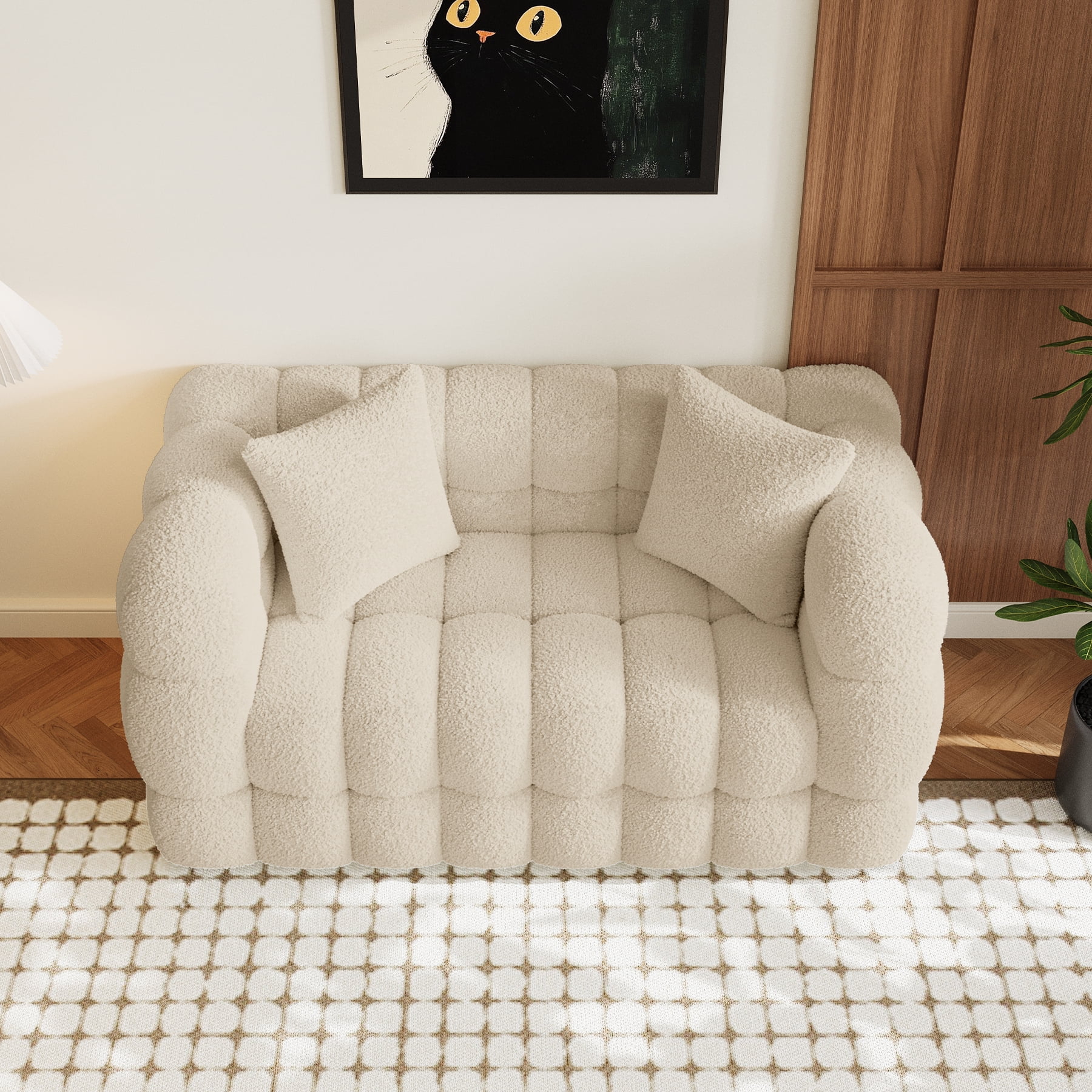 Wiilayok 59.1" Modern Tufted Upholstered 2 Seater Loveseat Sofa with 2 Pillows，Comfy Sherpa Deep Seat Cloud Couch, Small Love Seat for Living Room Apartment, Light Brown