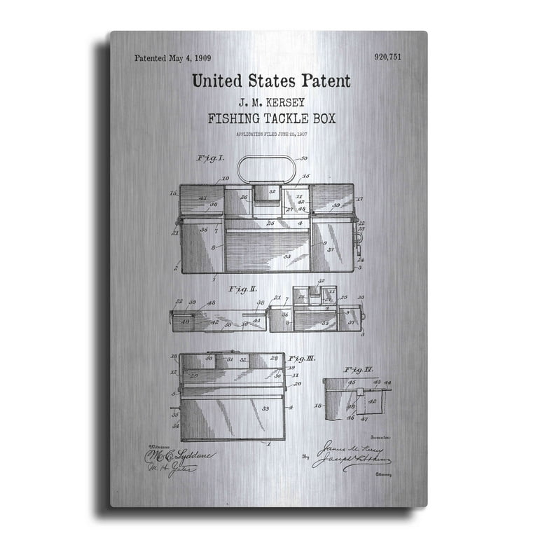 Luxe Metal Art 'Fishing Tackle Box Blueprint Patent White' Acrylic Glass  Wall Art, 16x24 
