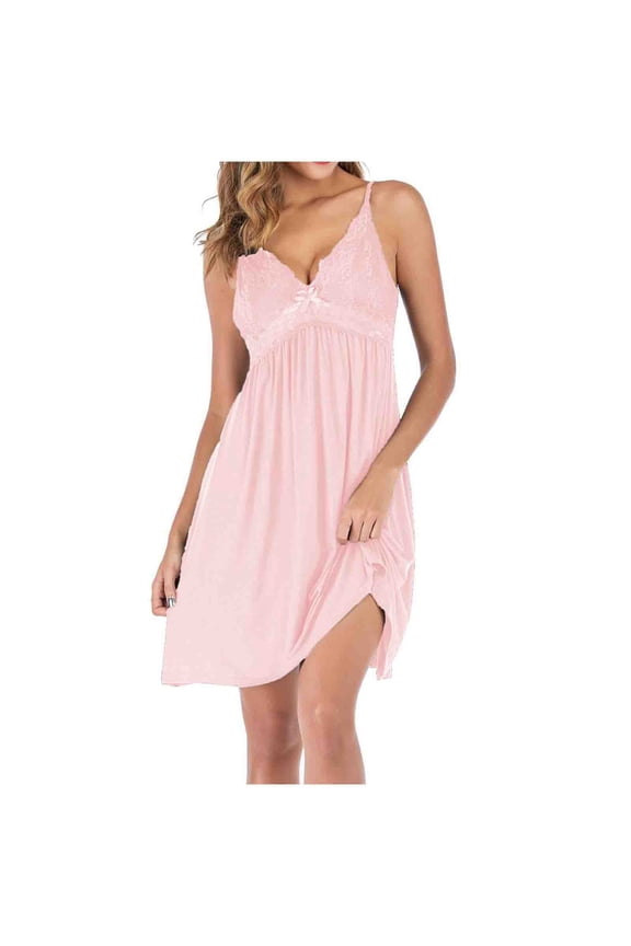 Womens Sleepshirt V Neck Lace Decor Solid Color Flowy Lightweight Sleeveless Nightgowns Casual Clothes
