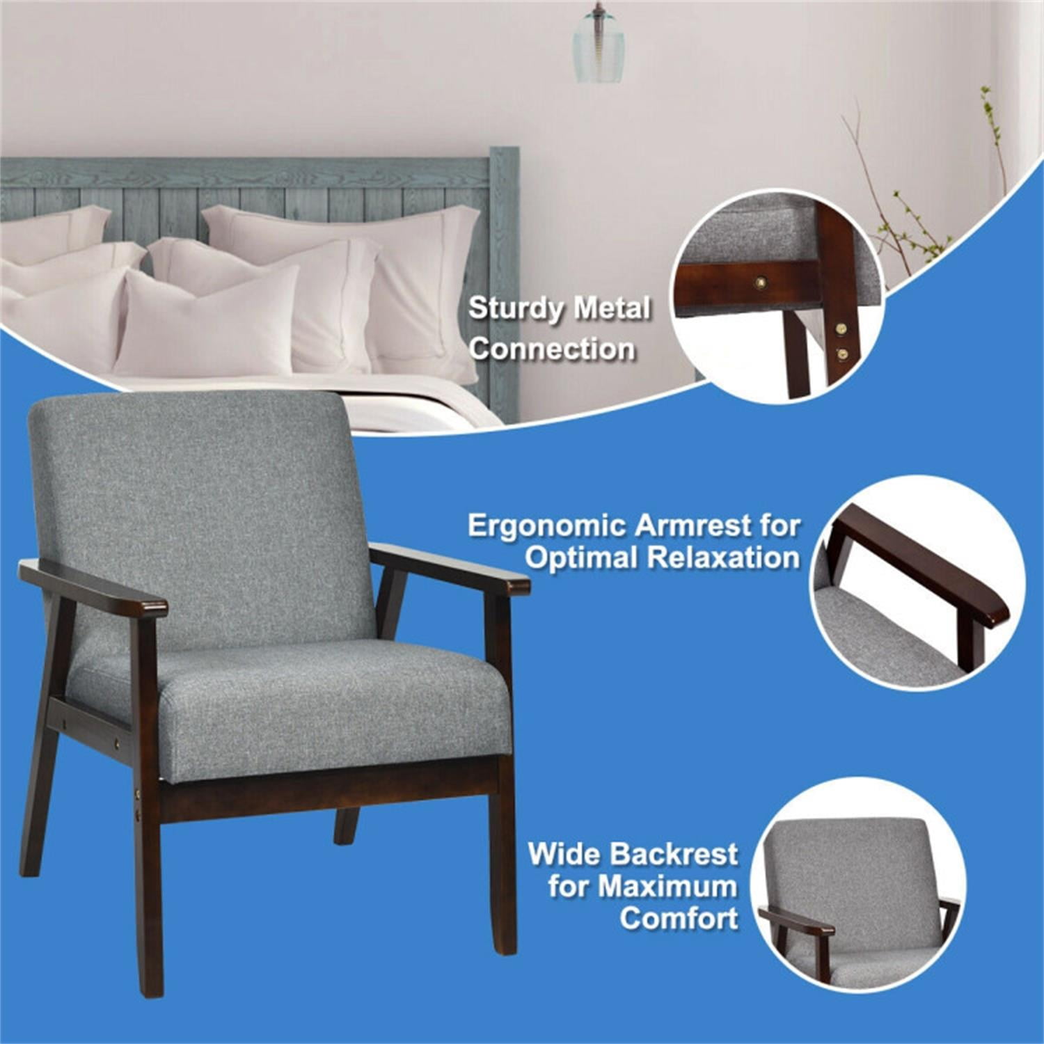 Demi Bonn Mid-Century Modern Accent Chair, Retro Fabric Armchair, Solid Rubber Wood Fabric Accent Armchair, for Living Room, Gray