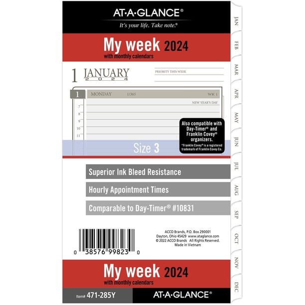 AT A GLANCE 2024 Weekly Monthly Planner Refill Loose Leaf Portable Size