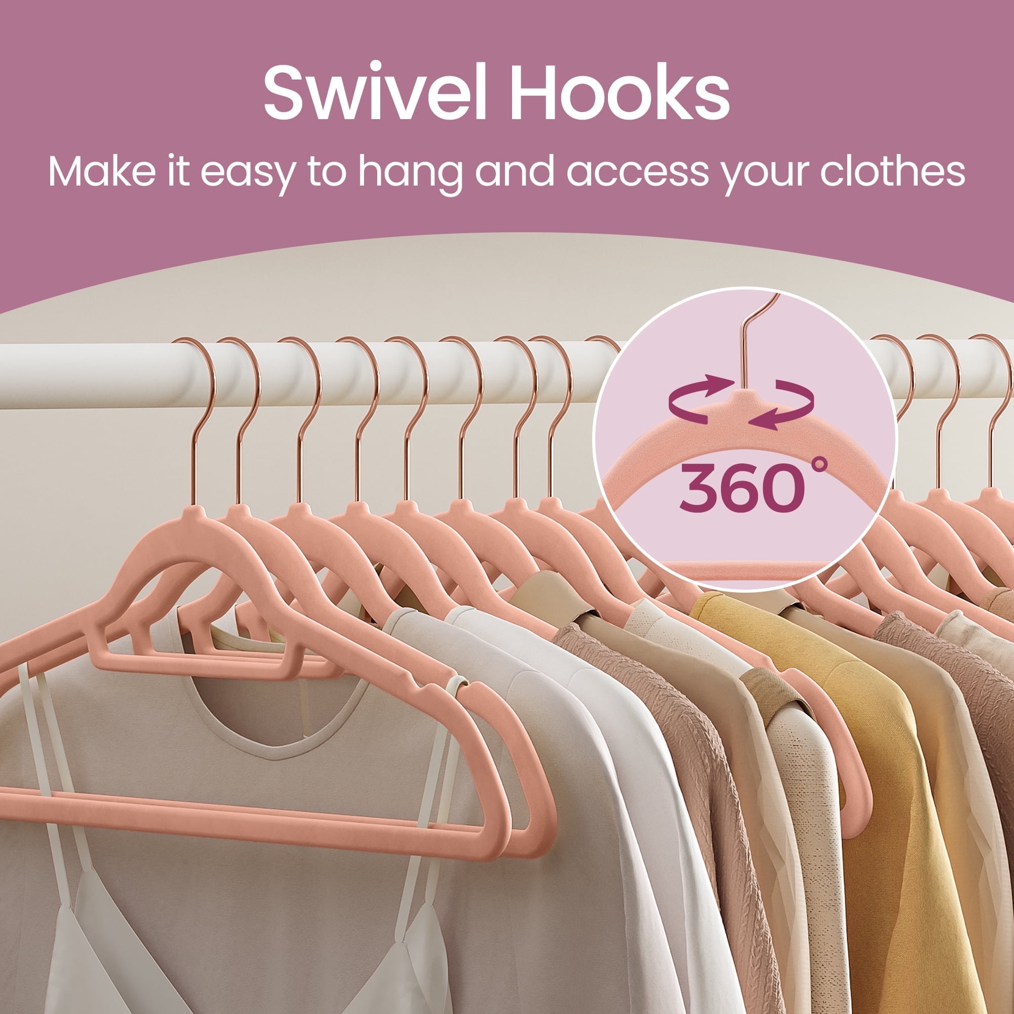 LEDREM 50-Pack Velvet Hangers, Non-Slip Clothes Hangers with 360° Swivel Hooks, Slim & Sturdy for Coat, Dress, Space-Saving, Coral Pink