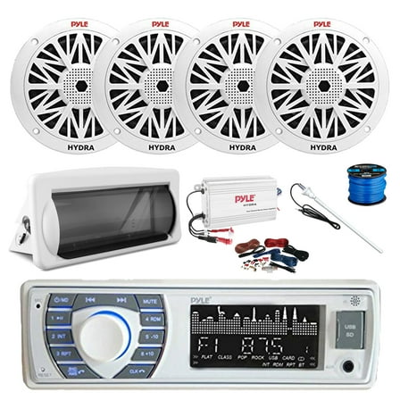 Pyle PLRMR23BTW Single DIN Bluetooth Marine MP3 AM/FM Stereo Receiver, Slide-Up Cover, 4-Channel Amplifier w/Kit, 4x 6.5" 200 Watt Peak Full Range 2-Way Waterproof Speakers w/Wire, Long Range Antenna
