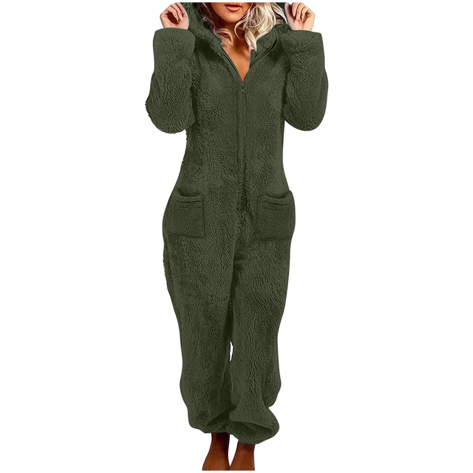 Jsaierl Womens Fleece Onesies Pajamas Jumpsuit Warm Sherpa Romper Sleepwear One Piece Zipper Hooded Playsuit Loungewear Christmas Pajamas