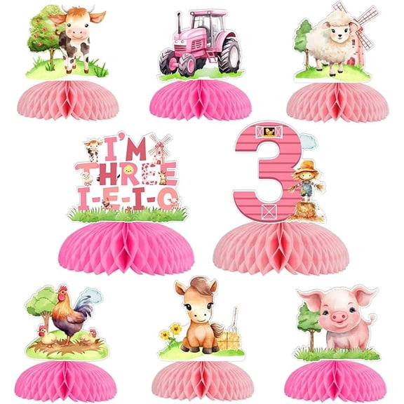 Farm Animal 3rd Birthday Party Decoration Girl, Three i e i o Farm Party Decoration Pink Table Honeycomb Centerpiece Double-Sided Printing for Barn Animal 3rd Third Birthday Supplies