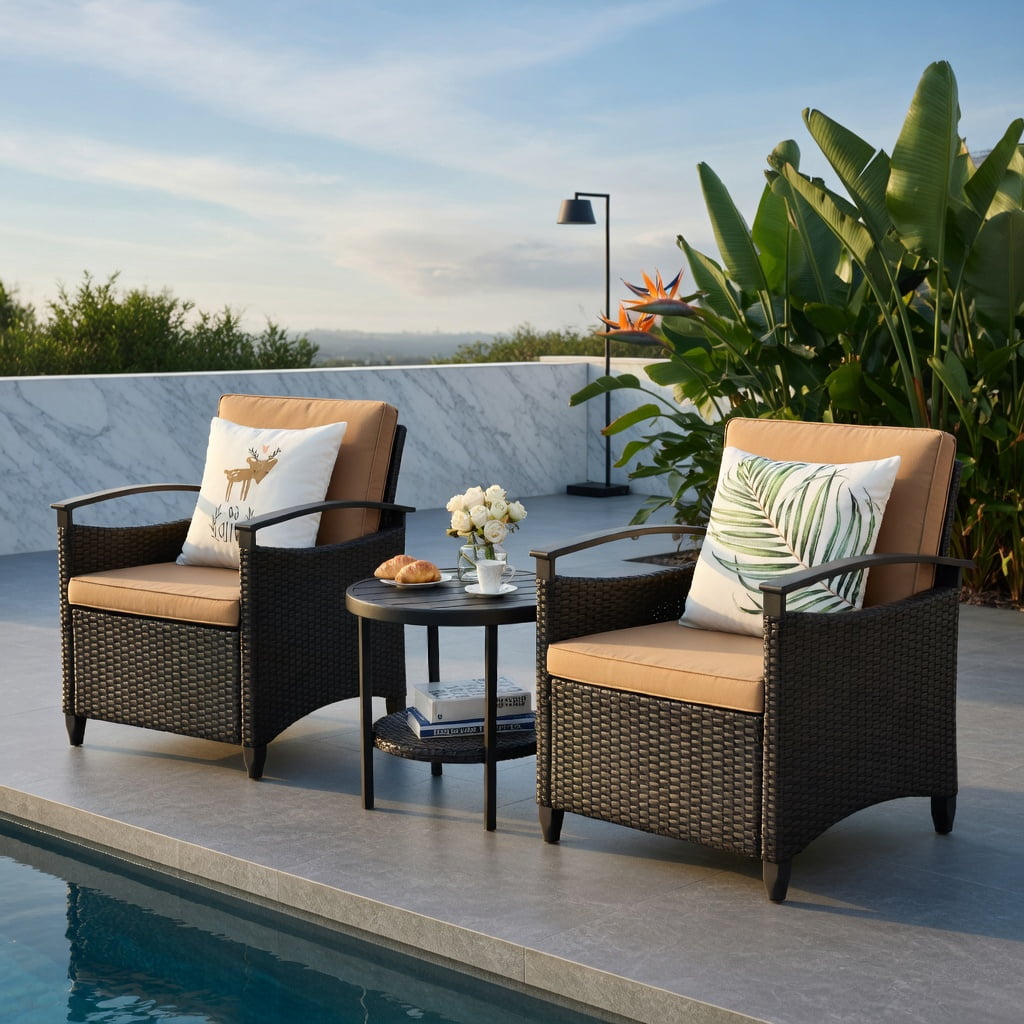 Hommoo 3-Piece Outdoor Rattan Patio Furniture Set, 2 Seater Sofas with Cushions + Storage Coffee Table with Shelf, Weather-Resistant Wicker Garden & Backyard Set, Brown and Black