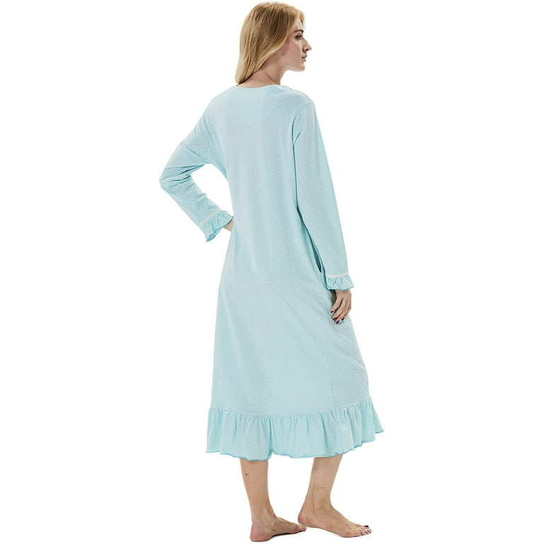 Keyocean Embroidered Nightgown for Women, Soft 100% Cotton Warm Comfortable  Lightweight Long Sleeves Ladies Housedress