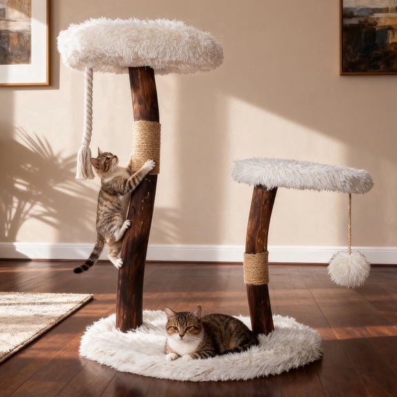 Modern Cat Tree Tower for Indoor Cats, Natural Solid Wooden with Sisal Scratching Post, Style Cat Furniture with Perches Platform & Toy Ball