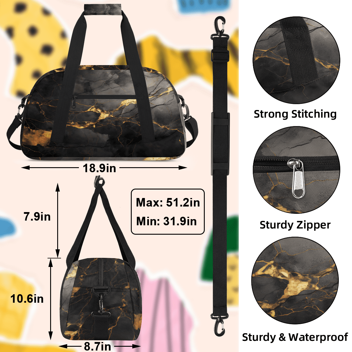 Herdesigns Sports Duffle Bags Travel Duffle Bag Gym Bag Black And Gold Marble Weekender Travel Bag Waterproof Overnight Bag Carry On Travel Tote Bag Dance Bags