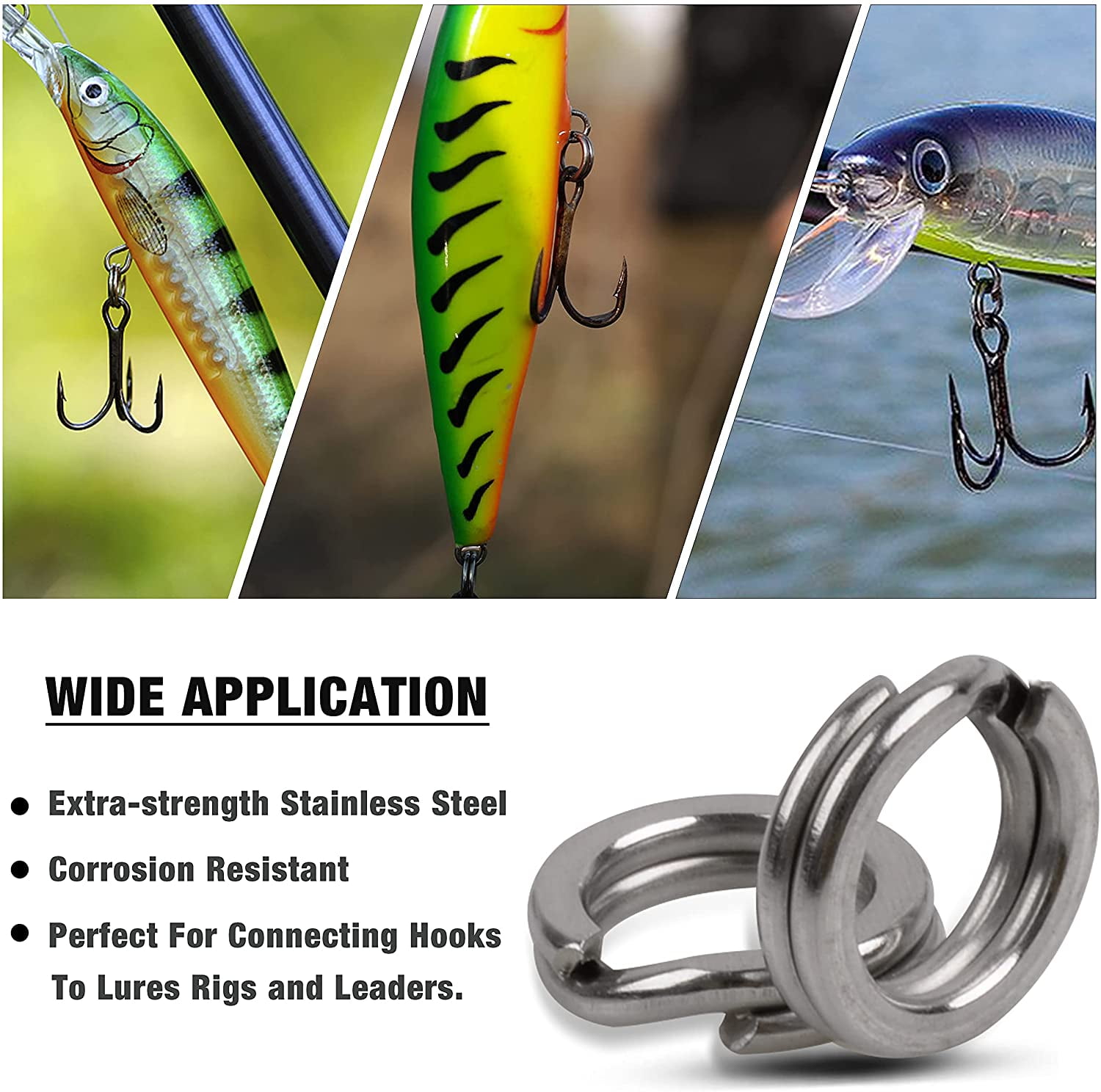 Dr.Fish 100pcs Stainless Steel Fishing Solid Split Rings Lure Snap