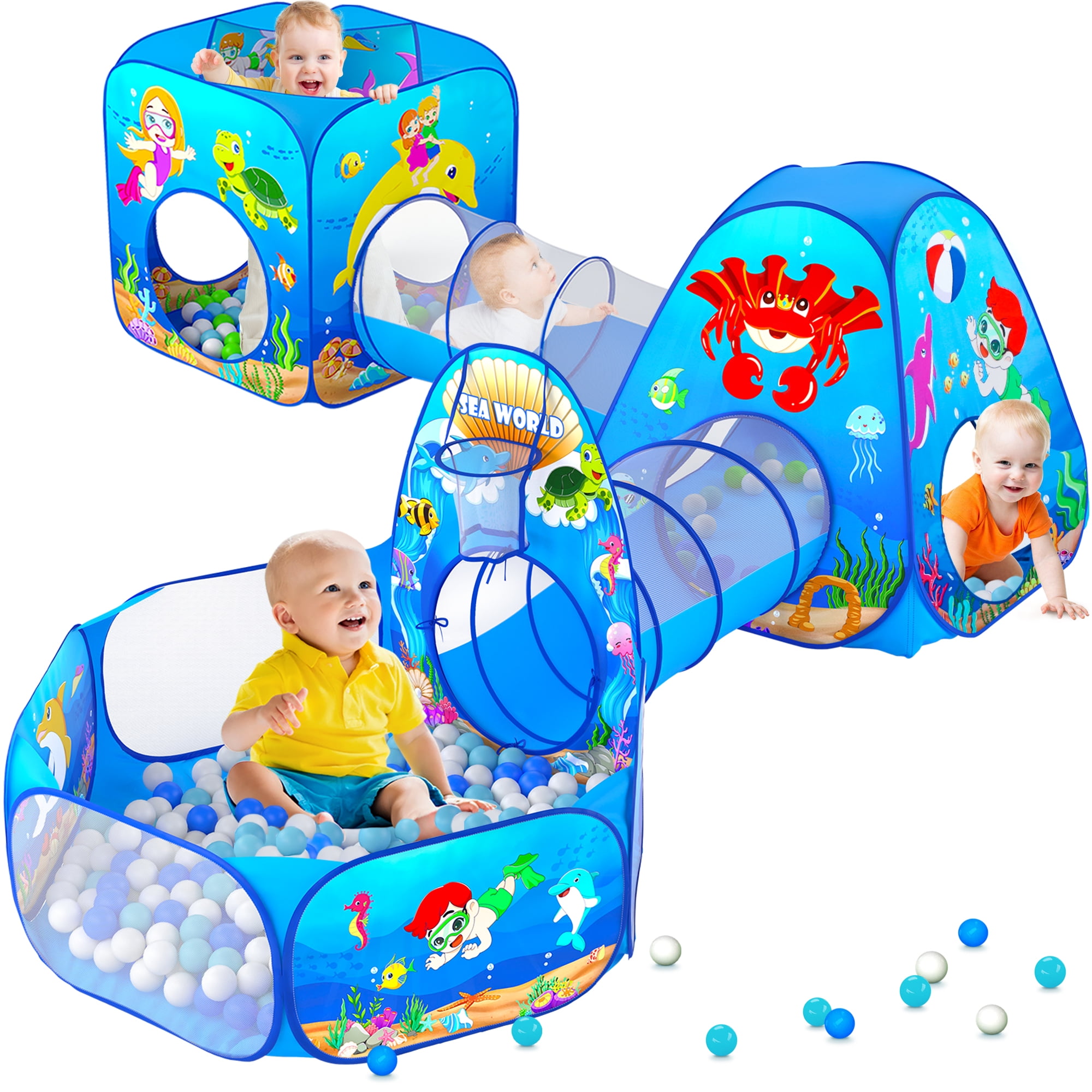 Playz 3pc Kids Play Tent Crawl Tunnel and Ball Pit Popup Bounce Playhouse With for sale online 