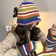 thumbnail image 6 of dianhelloya Women Winter Hat Colorful Striped Print Knitted Elastic Thickened Heat Retention Rainbow Color Anti-slip Washable Beanie Lady Cap Multicolor, 6 of 7