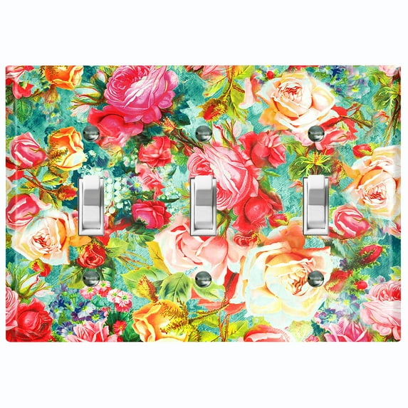 Metal Light Switch Plate Outlet Cover Colorful Rose Leaves Wallpaper ROS045