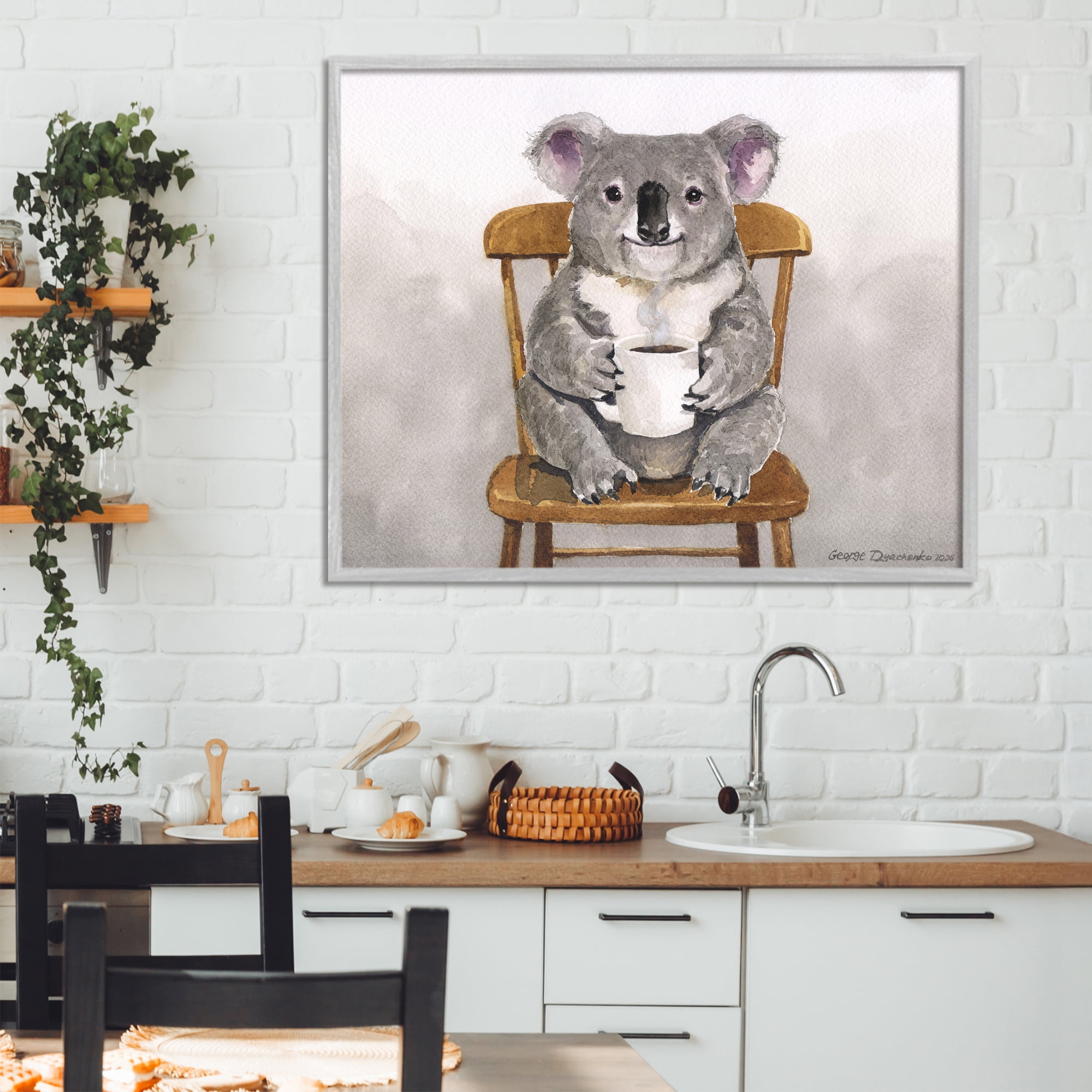 Stupell Industries Koala with Coffee Mug Gray Framed Giclee Art, design by George Dyachenko