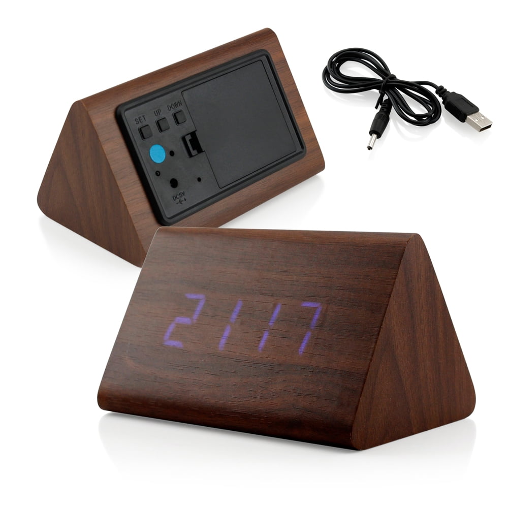 Modern Wood Digital LED Alarm Clock Thermometer Timer Calendar Voice Control 