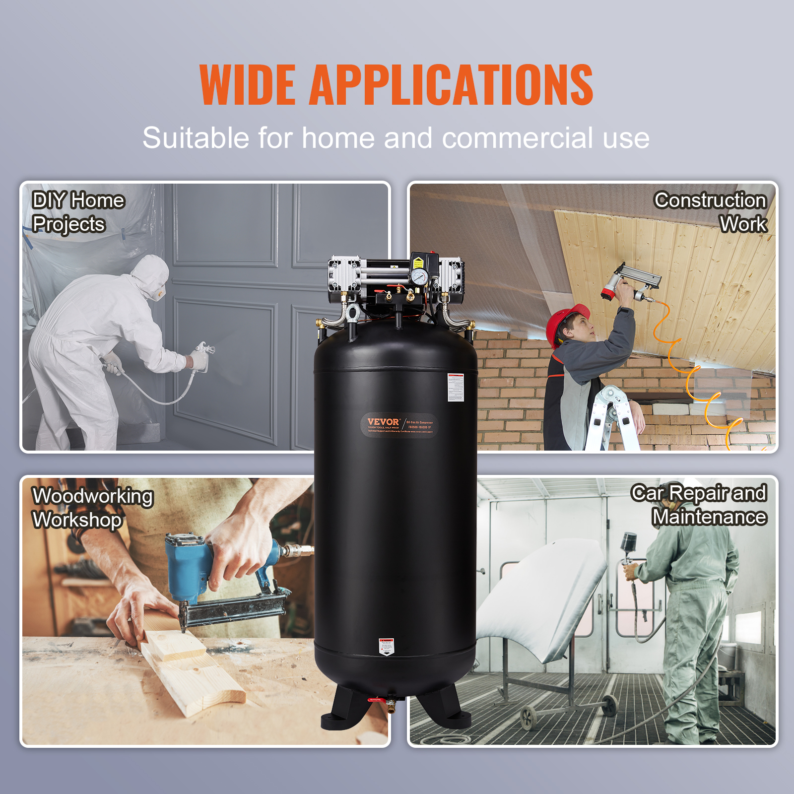 VEVOR 80 Gallon Compressor, 6.5HP, 15.5SCFM@90 PSI, Dual-Stage 145PSI, Oil-Free, 86dB Quiet Operation, Ideal for Manufacturing, Construction, Auto Repair