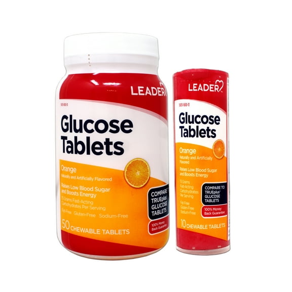 Leader Glucose Tablets, Fast Acting, Great Tasting, Fat-Free, Gluten-Free, Orange Flavor 50 Chewable Tablets with On-The-Go 10 Tablets Tube