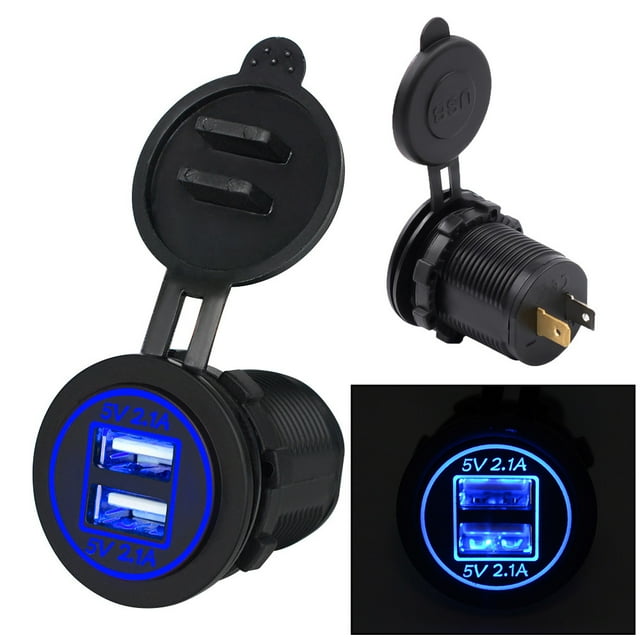 USB Charger Socket 4.2A Power Adapter, 12V 24V Motorcycle Car Installation, IP65 Waterproof ABS Material, Two Blue Terminals Self Tapping, Phone Tablet Camera Cleaner ATV RV Boat